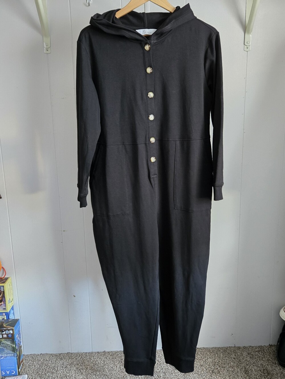 Women’s Black Hooded Button-Front Jumpsuit
